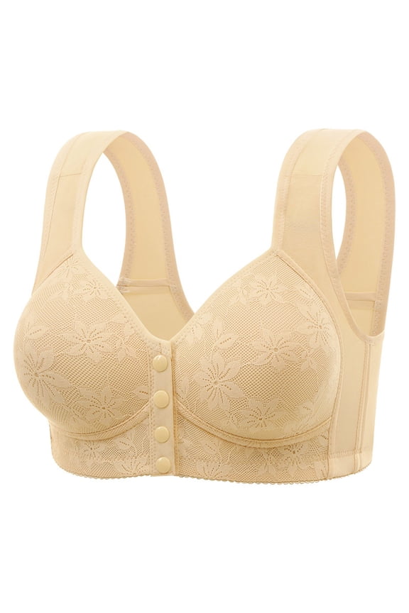 Women's Front Closure Bra Plus Size Wireless Comfort Everyday Wear Breathable Nylon Seamless T-Shirt Bra Support Side Smoothing Lace