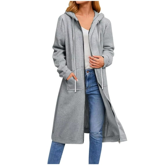 Levmjia Women's Full Zipper Hooded Jacket Plus Size Long Coat with Pockets Long Sleeve Loose Fashion Solid Hooded Coat