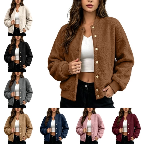 Levmjia Women's Fuzzy Sherpa Jacket Snap Button Up Bomber Coat Warm Outerwear with Pockets