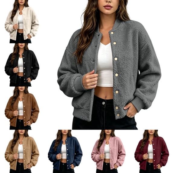 Levmjia Women's Fuzzy Sherpa Jacket Snap Button Up Bomber Coat Warm Outerwear with Pockets