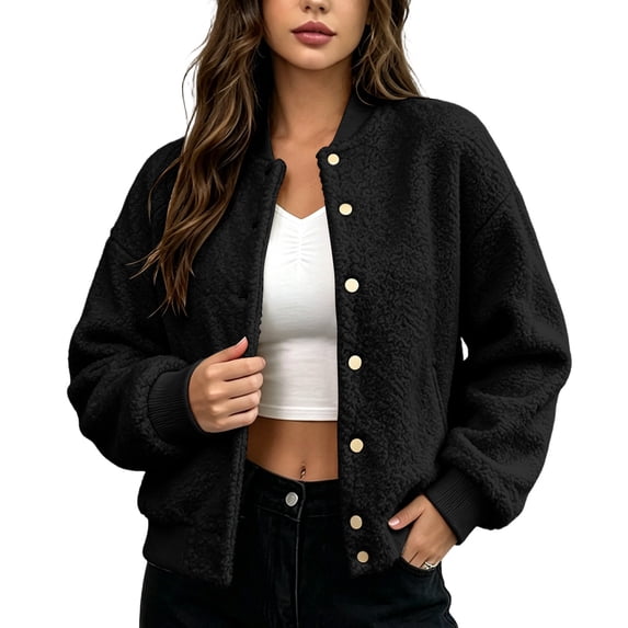 Levmjia Women's Fuzzy Sherpa Jacket Snap Button Up Bomber Coat Warm Outerwear with Pockets