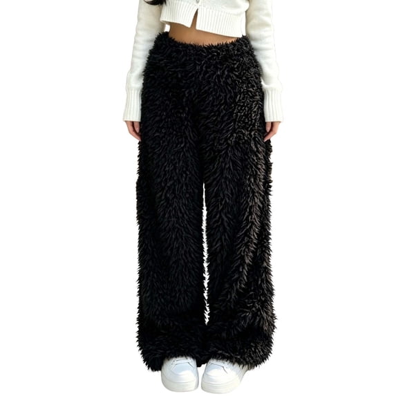 Levmjia Women's Fuzzy Sweatpants Winter Warm Plush Wide Leg Pants High Waisted Elastic Waist Casual Loose Fit Long Trousers with Pockets Solid Color Cozy Lounge Pants