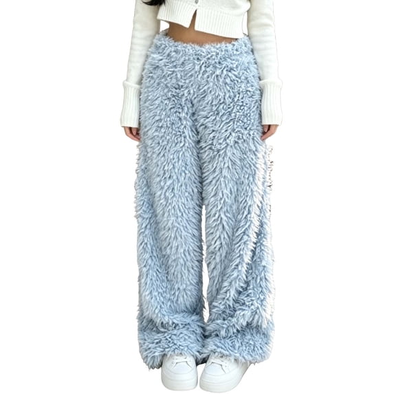 Levmjia Women's Fuzzy Sweatpants Winter Warm Plush Wide Leg Pants High Waisted Elastic Waist Casual Loose Fit Long Trousers with Pockets Solid Color Cozy Lounge Pants