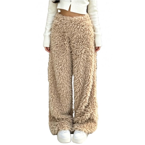 Levmjia Women's Fuzzy Sweatpants Winter Warm Plush Wide Leg Pants High Waisted Elastic Waist Casual Loose Fit Long Trousers with Pockets Solid Color Cozy Lounge Pants