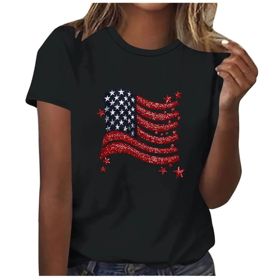 Levmjia Women's Glitter Stars & Stripes Independence Day T-Shirt, Patriotic 4th of July Round Neck Top, Casual Loose Fit Pullover Tee S-2XL