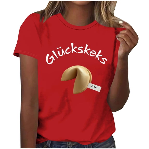Levmjia Women's Graphic Round Neck T-Shirt, Funny German Text "Glückskeks" Print Tee, Casual Short Sleeve Summer Top, Soft Polyester Blend, Sizes XS-XL