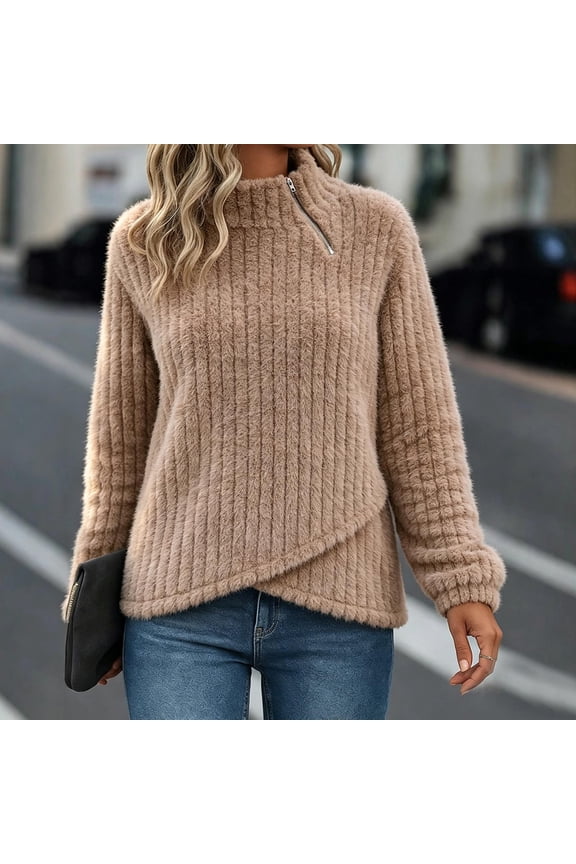 Women's Half Zip Pullover Teddy Fleece Sweater High Neck Long Sleeve Solid Color Plush Loose Fit Top with Asymmetric Hem for Fall Winter