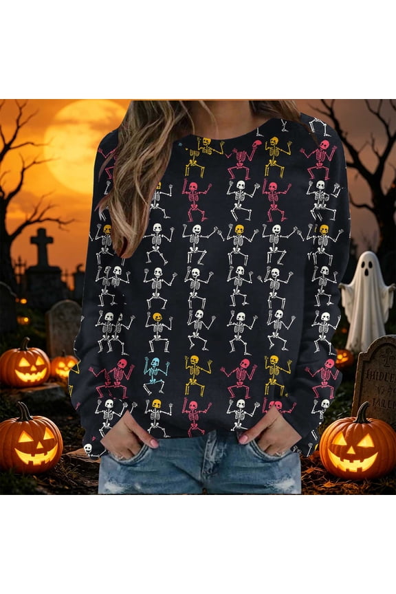 Women's Halloween Sweatshirt, Crew Neck Long Sleeve Pullover, Spooky Dancing Skeleton Print Top, Autumn Casual Drop Shoulder Loose Fit Fall Sweater