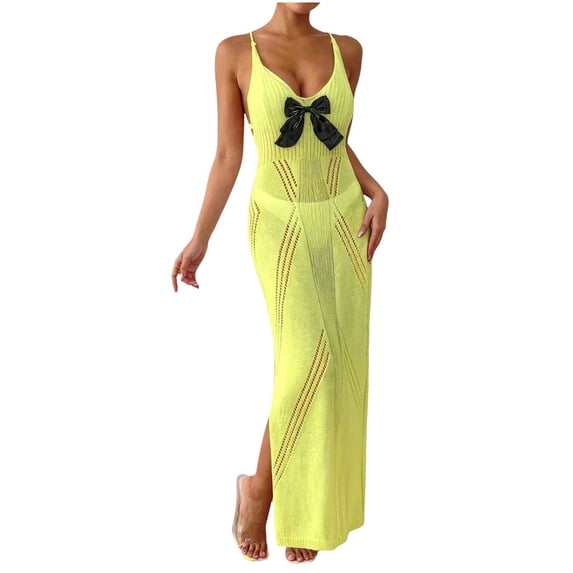 Levmjia Women's Halter Neck Cover Up Dress Bow Tie Front Slit Beach Dress Sexy Hollow Out Swimwear Coverup for Summer Vacation
