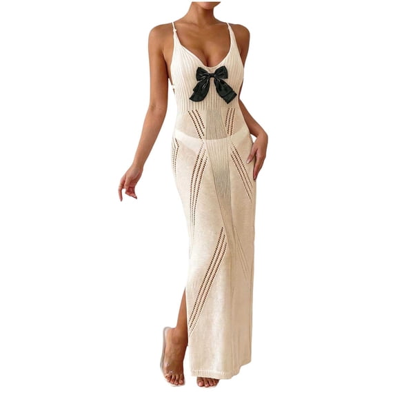Levmjia Women's Halter Neck Cover Up Dress Bow Tie Front Slit Beach Dress Sexy Hollow Out Swimwear Coverup for Summer Vacation