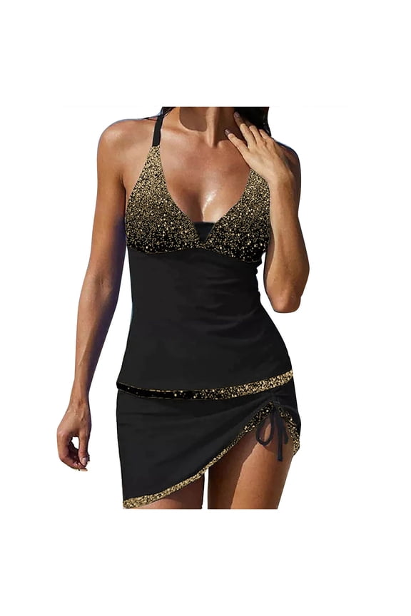 Women's High Waist Sparkle Print Two - Piece Tankini Set, Trendy Printed Plus Size Swimwear S - 2XL, Nylon Spandex Swimsuit for Beach Pool Party