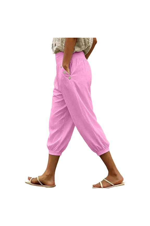 Women's High Waisted Capri Pants Loose Fit Casual Cuffed Ankle Pants Elastic Waist Solid Color Trousers for Women Daily Wear