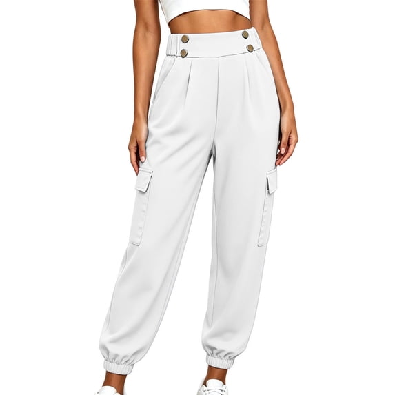 Levmjia Women's High Waisted Cargo Pants, Solid Color Utility Joggers with Button Detail, Loose Fit Elastic Cuff Ankle Pants for Casual Workout