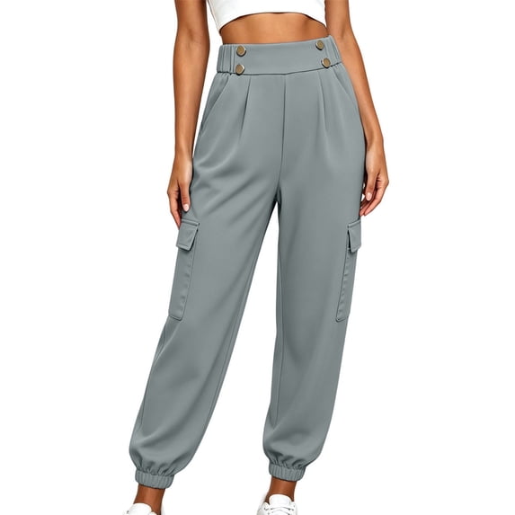 Levmjia Women's High Waisted Cargo Pants, Solid Color Utility Joggers with Button Detail, Loose Fit Elastic Cuff Ankle Pants for Casual Workout