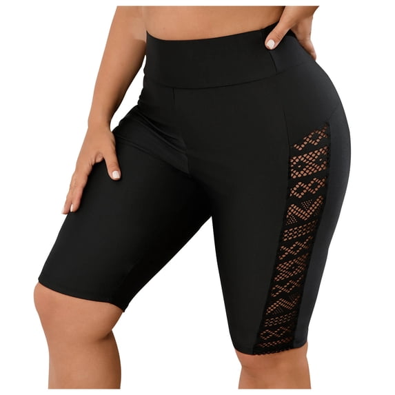 Levmjia Women's High Waisted Plus Size Swim Trunks, Cutout Mesh Panel Swimwear, Tummy Control Shapewear Swim Shorts for Beach Pool Party, Quick Dry Nylon Spandex Blend L - 5XL