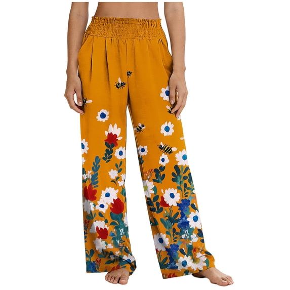 Levmjia Women's High Waisted Printed Pants Wide Leg Loose Fit with Pockets Elastic Waist Flowy Long Pants for Casual Summer