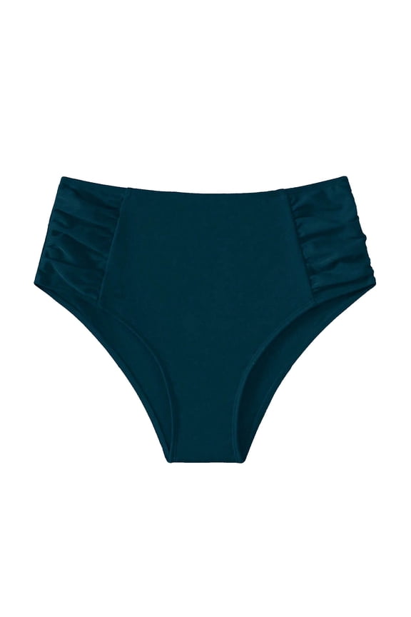 Women's High Waisted Ruched Solid Color Bikini Bottoms Swim Trunks, Nylon Spandex Tummy Control Swimwear for Women XS - XL