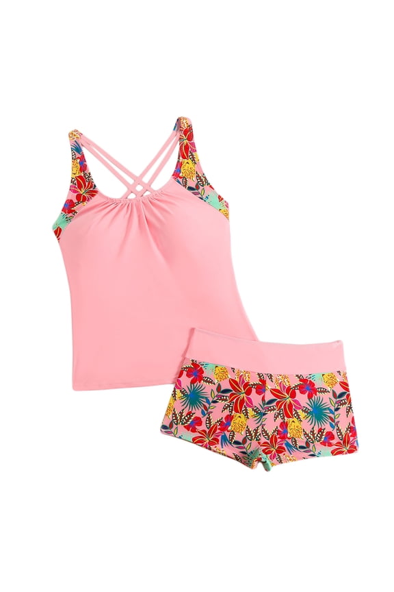 Women's High Waisted Tankini Swimsuit Set with Built - in Bra, Racerback Cross Back, Floral Print Nylon Spandex Swimwear for Women