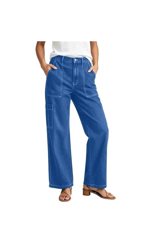 Women's High Waisted Wide Leg Cargo Jeans Solid Color Baggy Denim Pants with Button Fly Zip Closure Multi Pockets Casual Loose Fit Straight Leg Trousers for Women Daily Wear