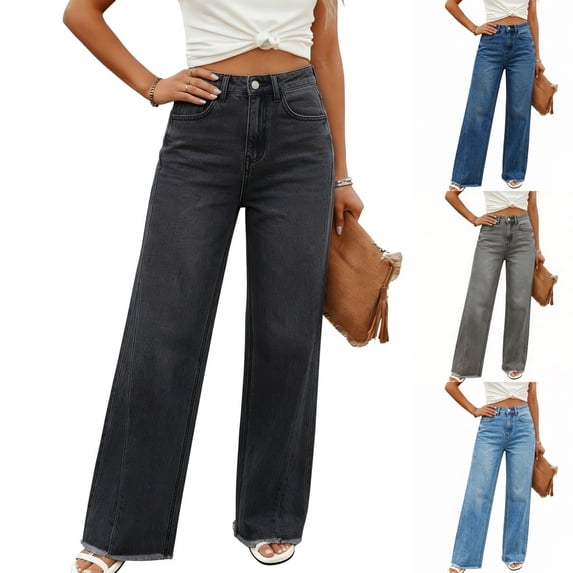 Levmjia Women's High Waisted Wide Leg Jeans Straight Leg Stretch Denim Pants Vintage Washed Baggy Fit Trousers with Frayed Hem