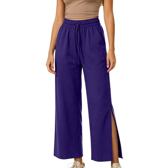 Levmjia Women's High Waisted Wide Leg Pants with Drawstring Side Pockets Front Slit Flowy Pants Casual Yoga Lounge Trousers for Summer