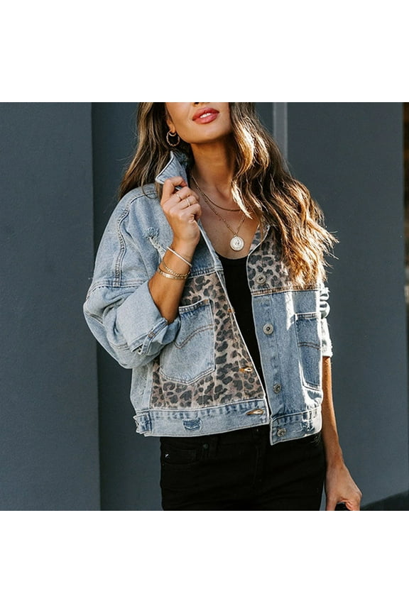 Women's Jean Jacket Ladies Trendy Leopard Print Patchwork With Long Sleeves
