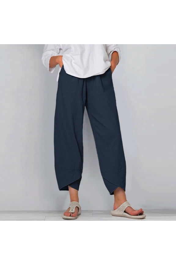 Women's Jeans Plus Size Pants Summer Women Casual High Waist Solid Summer Cotton Loose Long Straight Pants Navy