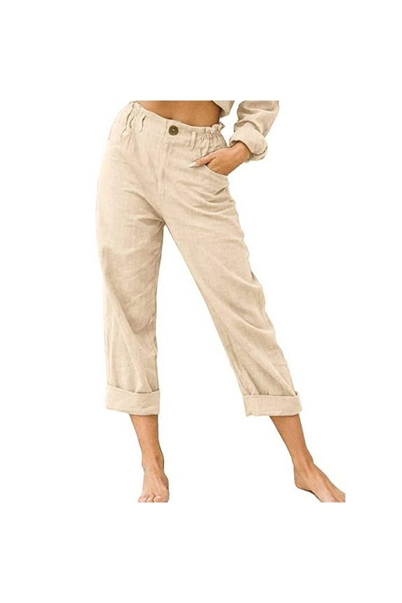 Women's Jeans Plus Size Pants Summer Women Casual Solid Color Pockets Buttons Elastic Waist Comfortable Straight Pants Beige