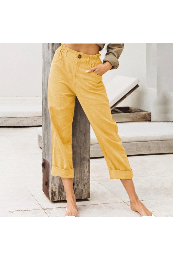 Women's Jeans Plus Size Pants Cotton Casual Solid Color Pockets Buttons Elastic Waist Comfortable Straight Pants