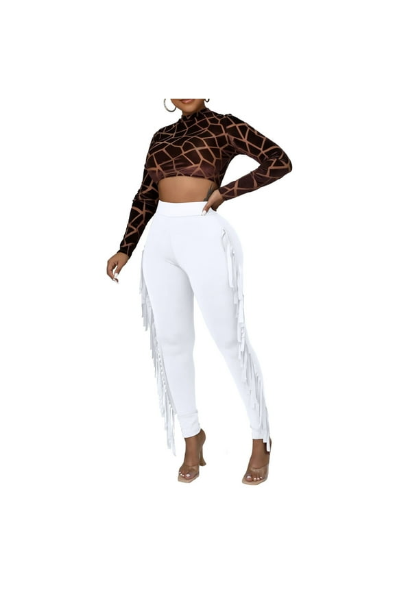 Women's Jeans Plus Size Pants Summer Women Fashion Clothes Tight High Waist Fringed Bandage Pants Solid Color Knitted Tassel Pants White