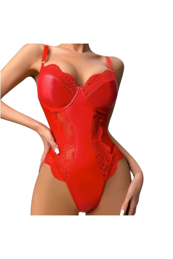 Women's Lace Bodysuit One-Piece Lingerie Set Solid Color Adjustable Straps for Honeymoon Anniversary Valentine Romantic Nights