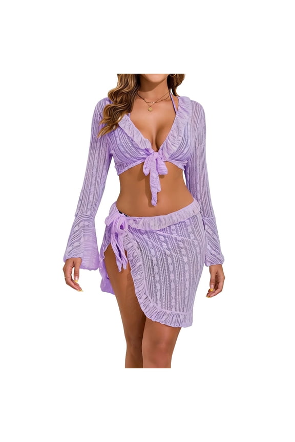 Women's Lace Long Sleeve 4 Piece Beach Cover Up Set Swimsuit Cover Up Halter Top Wrap Skirt Swimwear Outfit
