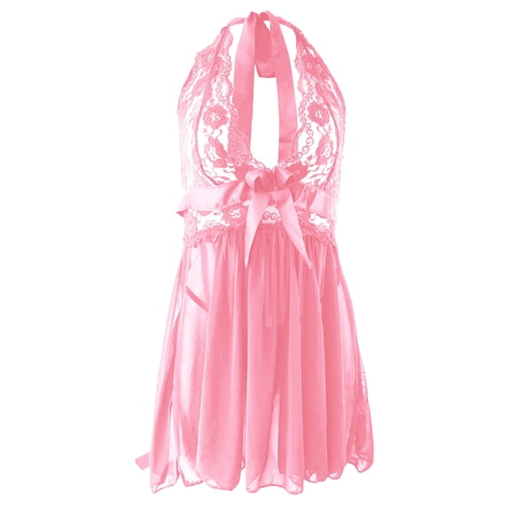 Levmjia Women's Lace V-Neck Nightgown Set with G-String Hanging Neck Comfortable Sleepwear for Honeymoon Valentine and Special Nights