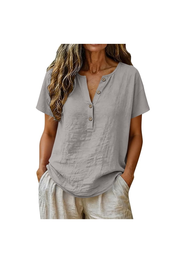 Women's Linen Look V-Neck Button Down Shirt Casual Short Sleeve Blouse for Summer Relaxed Fit Arc Hem Top