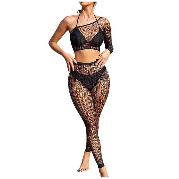 Levmjia Women's Lingerie Set Lace Bikini Long Sleeve Bodysuit All Seasons Comfortable Polyester Two Piece Outfit for Home Date Night