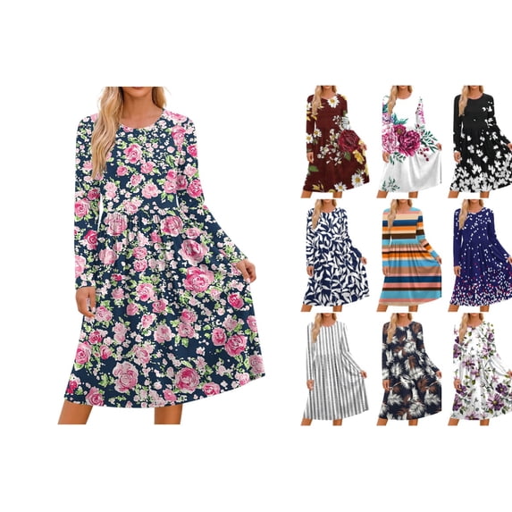 Levmjia Women's Long Sleeve Loose Fit Swing Dress Casual Crew Neck Floral Print Dress with Pockets Plus Size Fall Fashion Everyday Wear