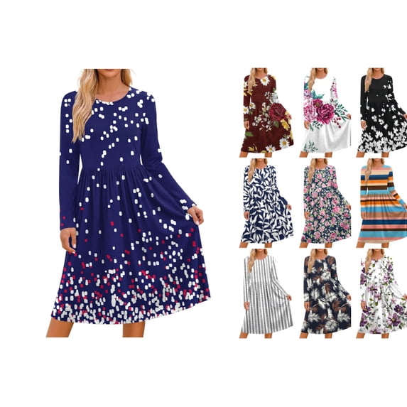Levmjia Women's Long Sleeve Loose Fit Swing Dress Casual Crew Neck Floral Print Dress with Pockets Plus Size Fall Fashion Everyday Wear