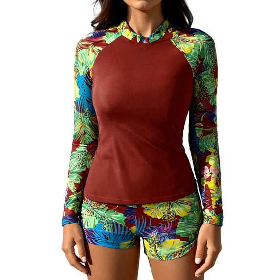Levmjia Women's Long Sleeve Quick Dry Rash Guard Surfing Swimsuit Two Piece Tankini Set, High Neck UV Sun Protection UPF 50+, Nylon Spandex Matte Finish (S-XL)