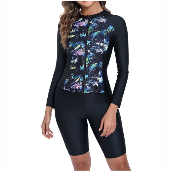 Levmjia Women's Long Sleeve Rash Guard Swimsuit Set 2 Piece Surf Bikini with Zip Front Print Print Swimwear Quick Dry UPF Sun Protection Beach Swimwear Tankini