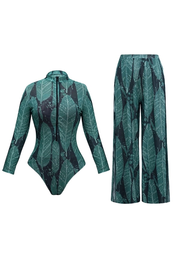 Women's Long Sleeve Zipper Front High Neck Printed Two Piece Swimsuit Set, Nylon Spandex Swimwear S-2XL Plus Size Beach Bathing Suit, Stretchy Tummy Control Swimwear for Women