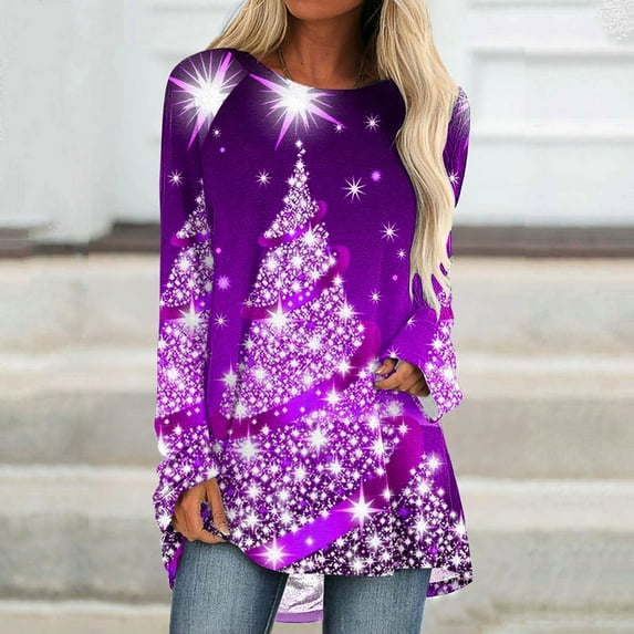 Levmjia Women's Long Sleeves Shirts Plus Size Stylish Christmas Tree Trendy Print Loose Crew Neck Tops Long Sleeves for Women