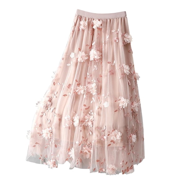 Levmjia Women's Midi Skirt Mid Length High Waisted Floral Mesh Double Layer A-Line Skirt Casual Party Beach Vacation Spring Summer