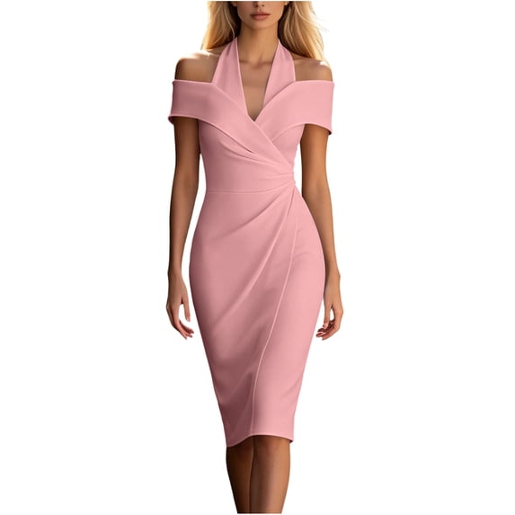 Levmjia Women's Off Shoulder Dress Cold Shoulder V Neck Bodycon Midi Dress Sexy Slim Fit Cocktail Party Pencil Dress