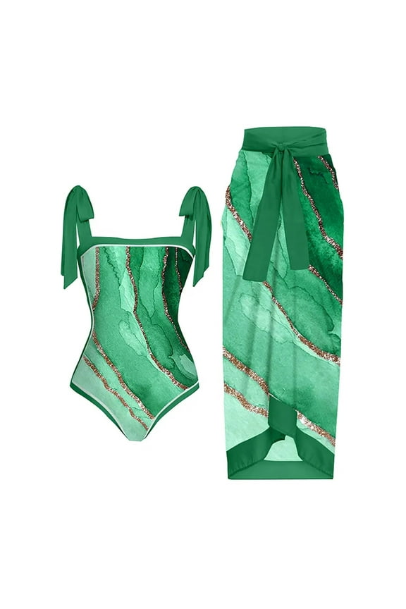 Women's One Piece Swimsuit Tie Shoulder Green Marble Print Bikini Set with Sarong Skirt, Shimmer Striped Nylon Spandex Swimwear, Plus Size S-3XL Beachwear for Women