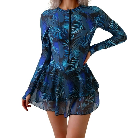 Levmjia Women's One Piece Swimsuit Tummy Control Long Sleeve Printed Surfing Suit With Bra Pads No Underwire Sun Protection Rash Guard For Beach Vacation Surfing Swimming