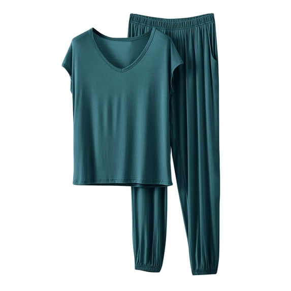 Levmjia Women's Pajama Set Casual Solid Color Short Sleeve and Pants Sleepwear Modal Soft Comfortable 2 Piece Pajamas Loose Cozy Home Wear