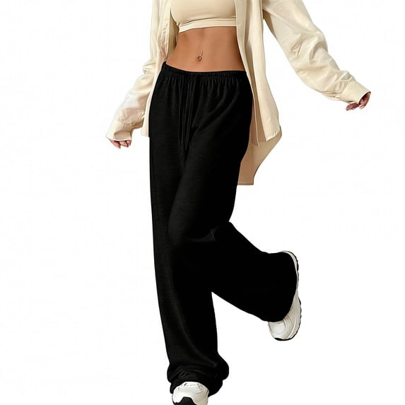 Levmjia Women's Pants Fashion Casual Solid Color Drawstring Straight Leg Elastic Waist Pocket Loose Pants Trousers Daily Wear