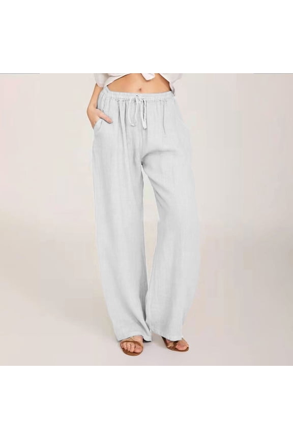 Women's Pants Summer Women Casual Solid Cotton Linen Drawstring Elastic Waist Long Wide Leg Pants Plus Size
