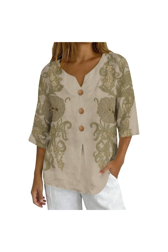 Women's Pineapple Print Blouse 3/4 Sleeve V Neck Button Down Shirt Summer Casual Tropical Vacation Top