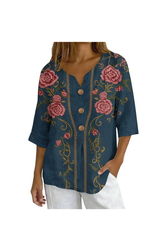 Women's Pineapple Print Blouse 3/4 Sleeve V Neck Button Down Shirt Summer Casual Tropical Vacation Top
